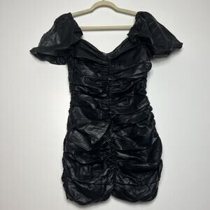 Naked Wardrobe The Statement Faux Leather Ruched Puff Sleeves Mini Dress Size L